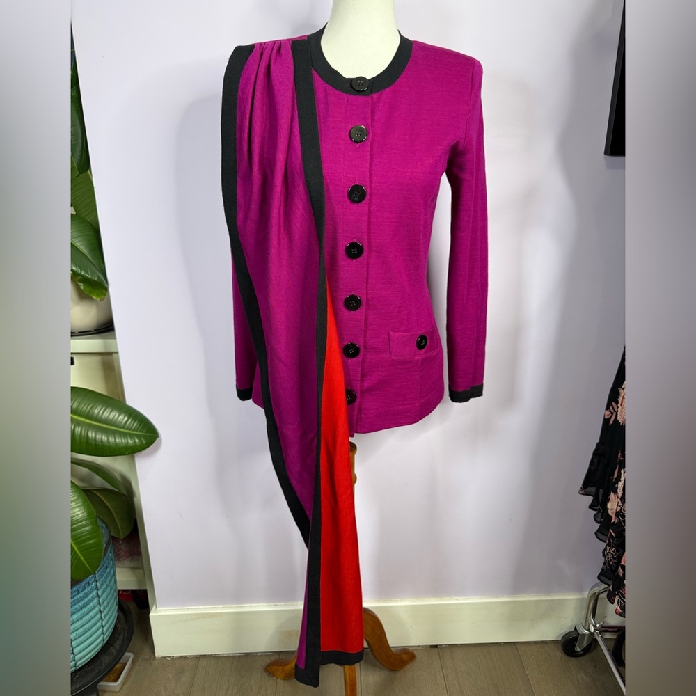 Vintage Adrienne Vittadini Purple & Red Button Up Top with Attached Scarf - Picture 2 of 7
